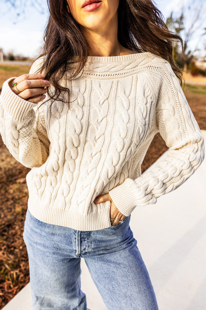 Beige Drop Shoulder Round Neck Cable Knit Sweater