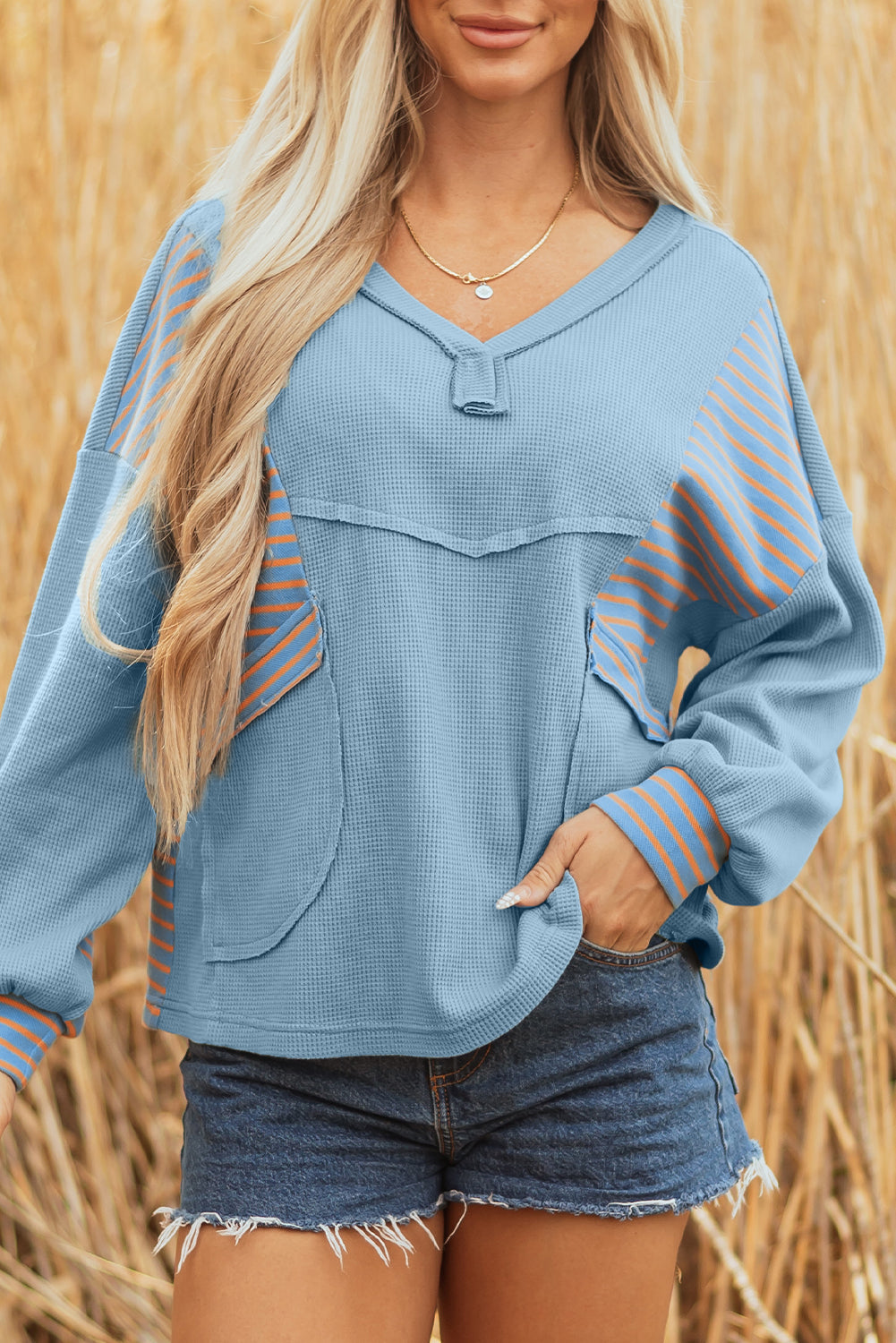 Blue Exposed Seam Waffle Striped Patchwork Baggy Pullover