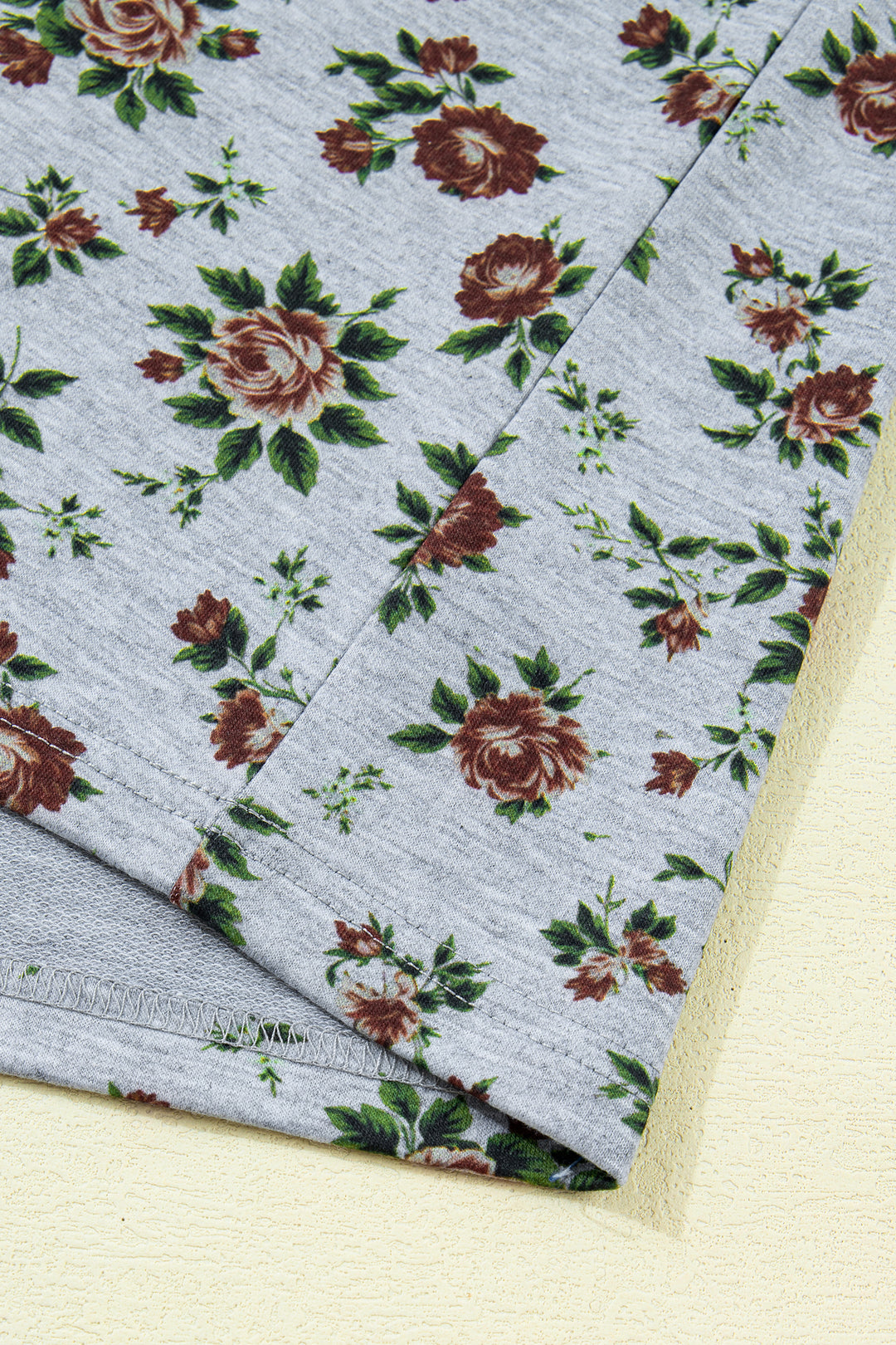 Gray Retro Floral Print Denim Patchwork Buttoned Polo Collar Top
