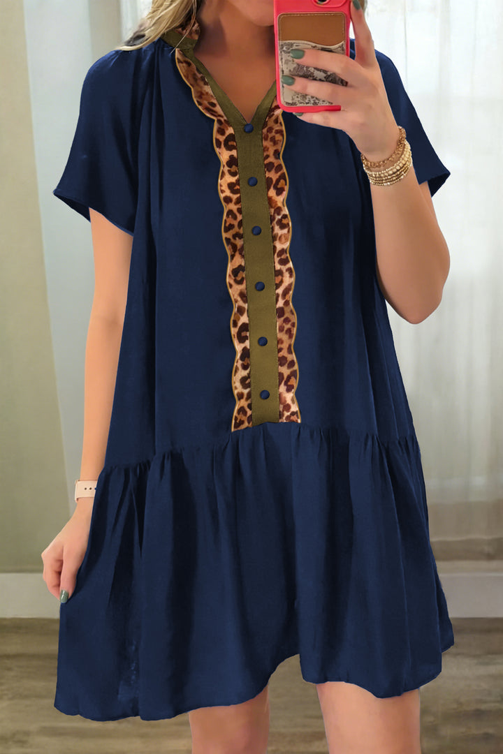 Navy Blue Leopard Metallic Trim Short Sleeve Tunic Dress