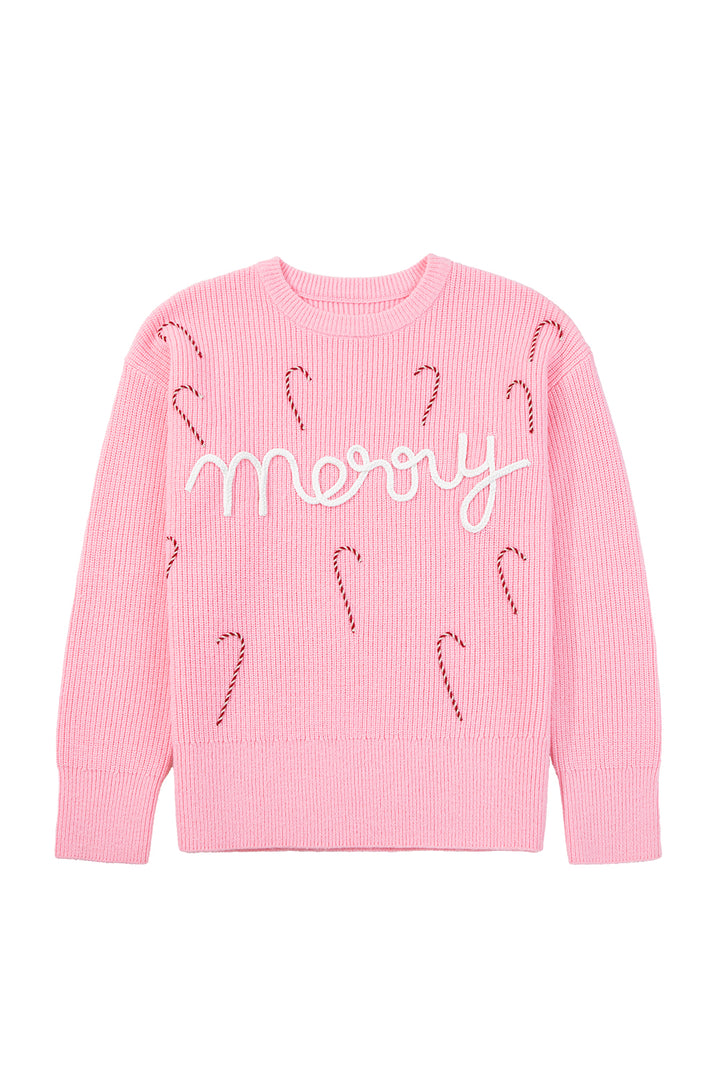 Merry Candy Cane Puffy Knit Crew Neck Sweater