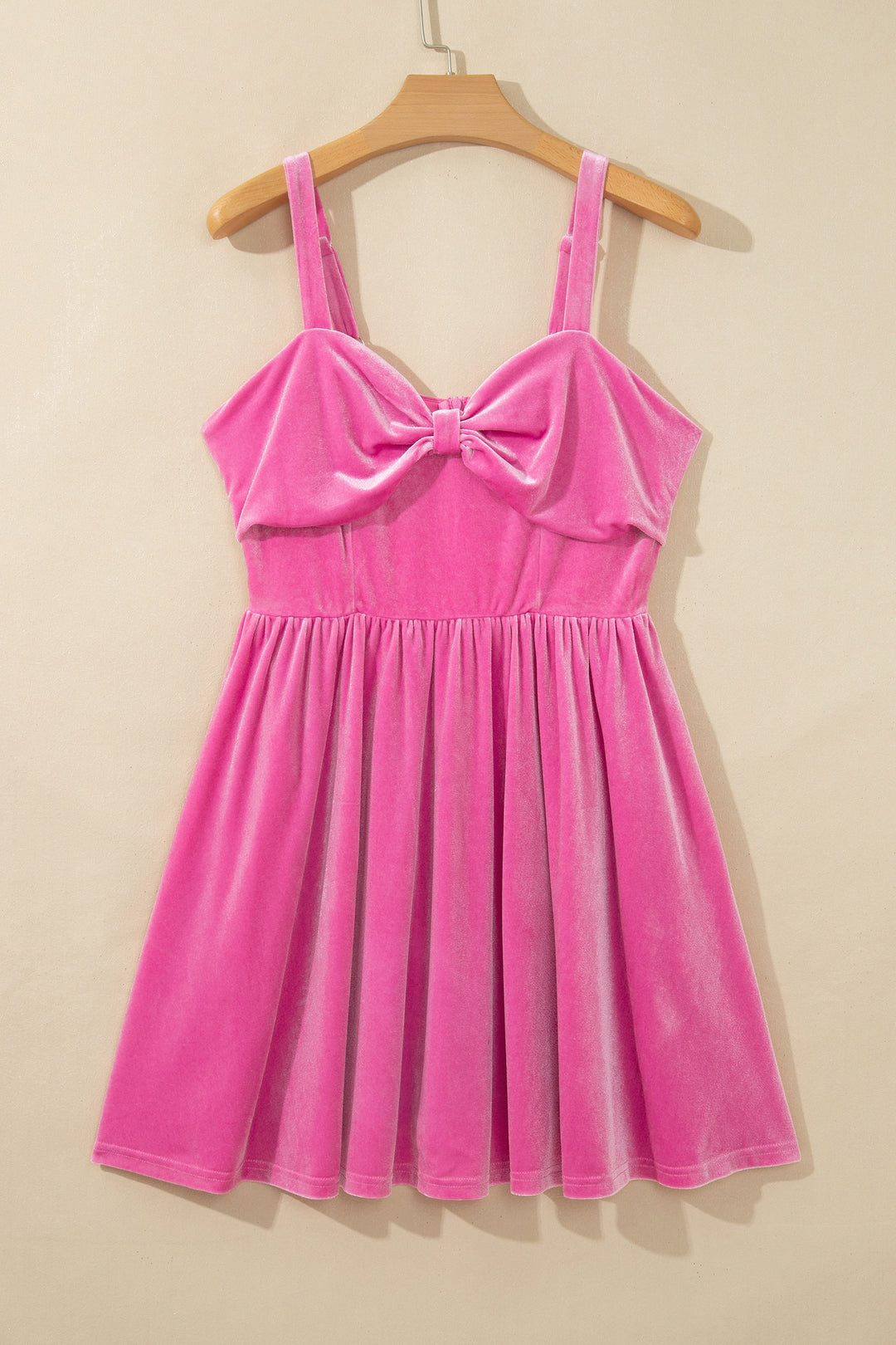 Sachet Pink Sweet Bow Neck Adjustable Strap Velvet Short Dress