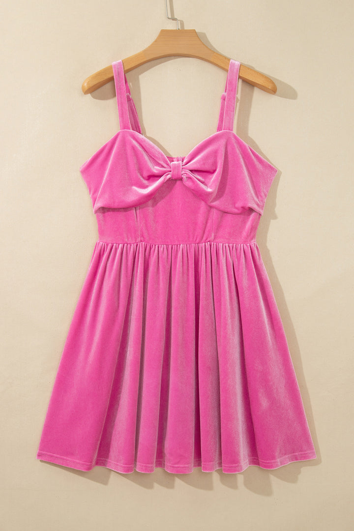 Sachet Pink Sweet Bow Neck Adjustable Strap Velvet Short Dress