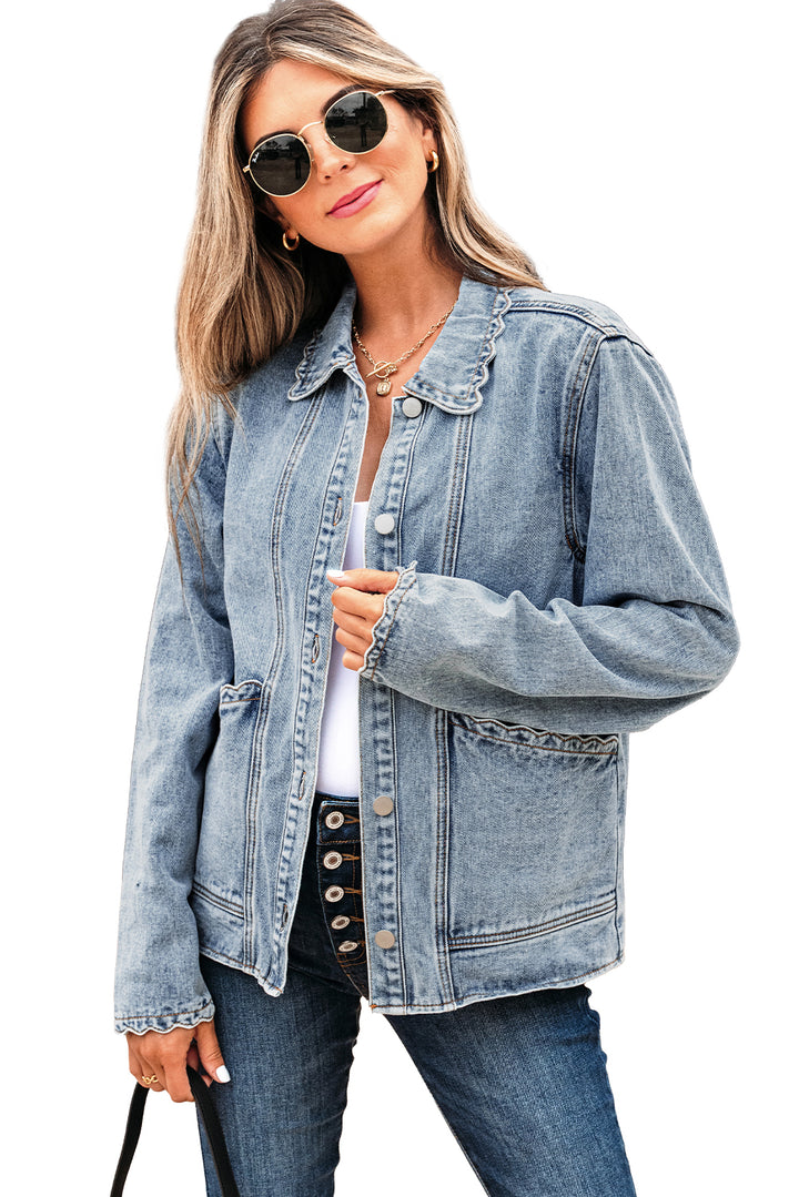 Scallop Trim Collar Patched Pocket Button Up Denim Jacket