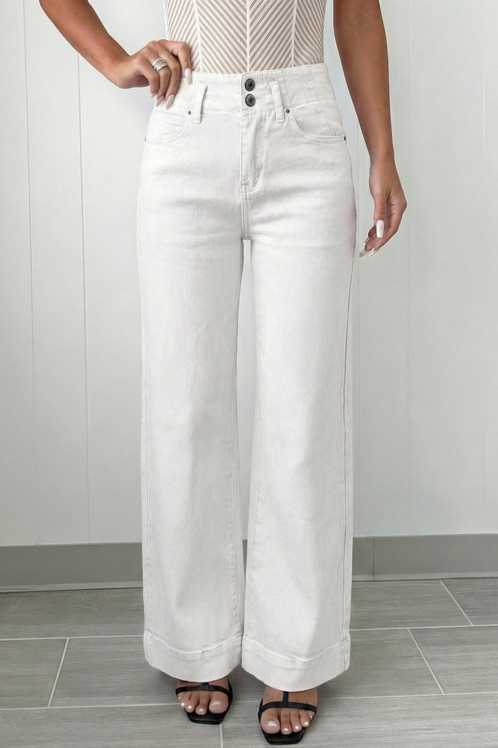 White 2-Button High Waist Wide Leg Jeans