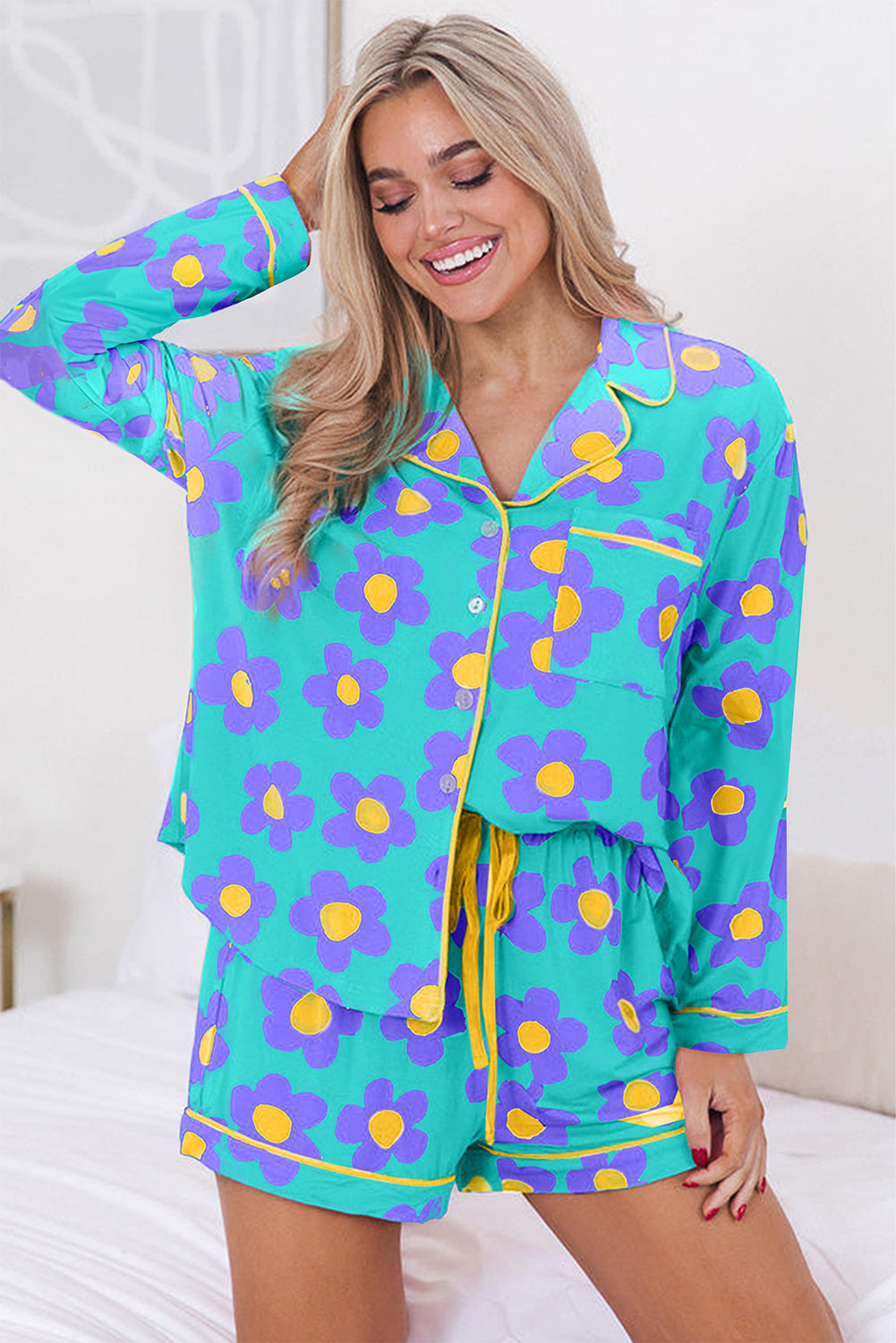flower print long sleeve shirt shorts pajamas set 2