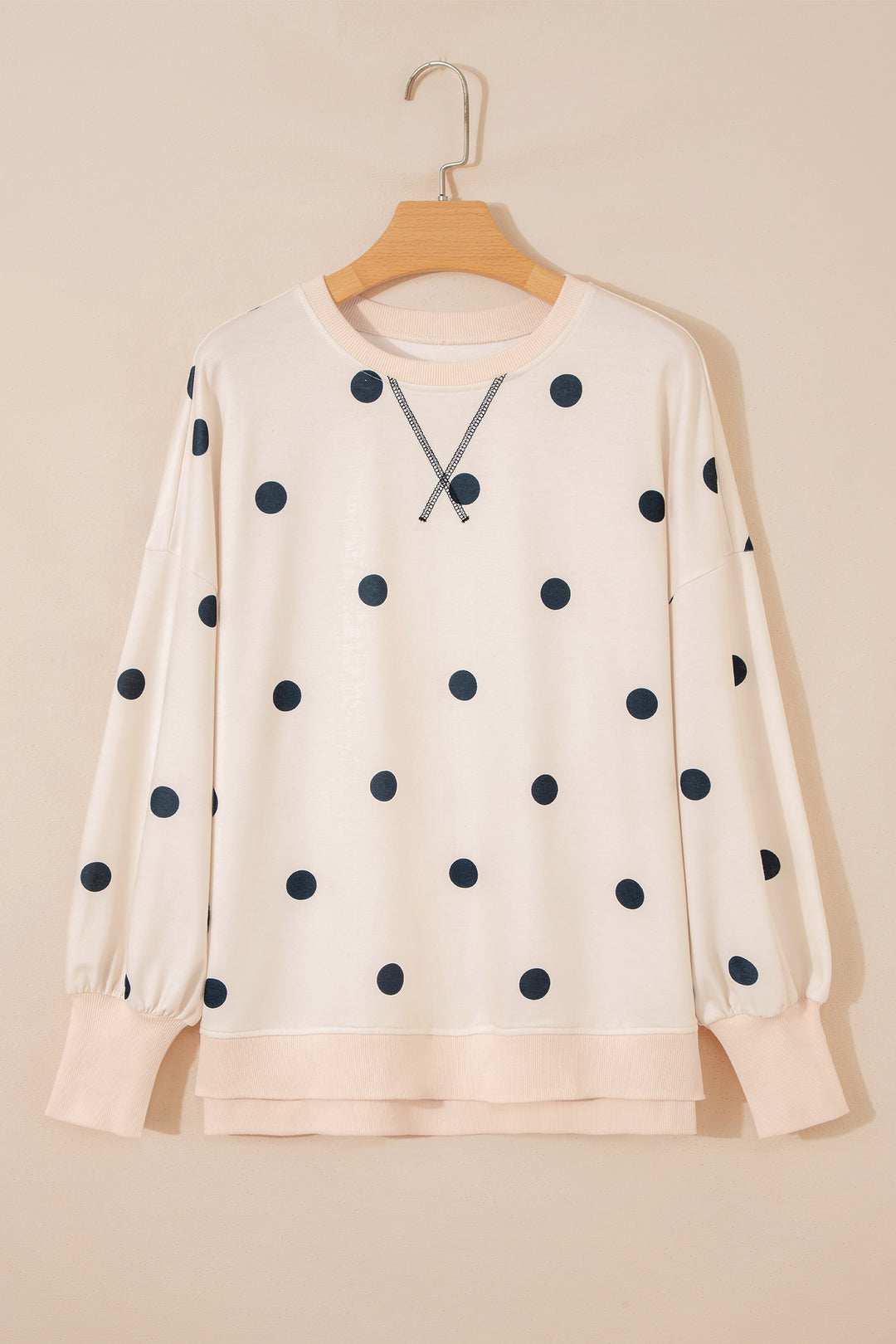 Beige Polka Dot Loose Long Sleeve Split Hem Pullover Top