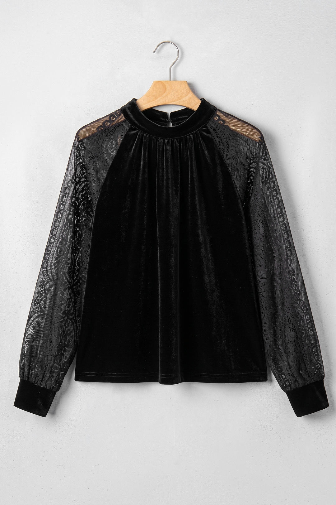 Black Sheer Lace Long Sleeve Patchwork Stand Neck Velvet Blouse