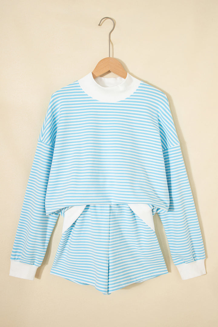 Sky Blue Stripe Oversize Mock Neck Sweatshirt and Shorts Set
