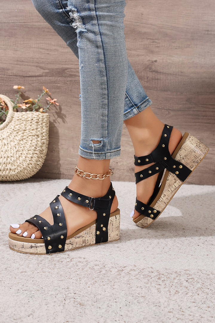 Rivet Hollow Out Leather Wedge Sandals