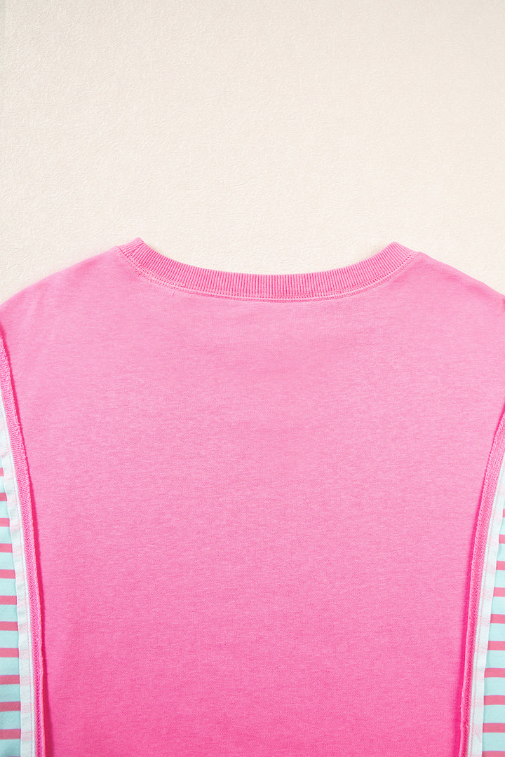 Rose Stripe Color Block Patchwork Relaxed Split Long Sleeve Top