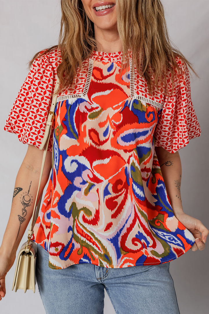 Paisley Geometric Mixed Print Patchwork Puff Sleeve Blouse Top