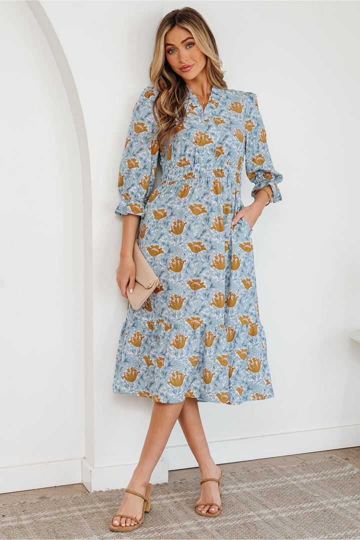 Floral Printed Frilled V Neck Bracelet Sleeve Long Dress