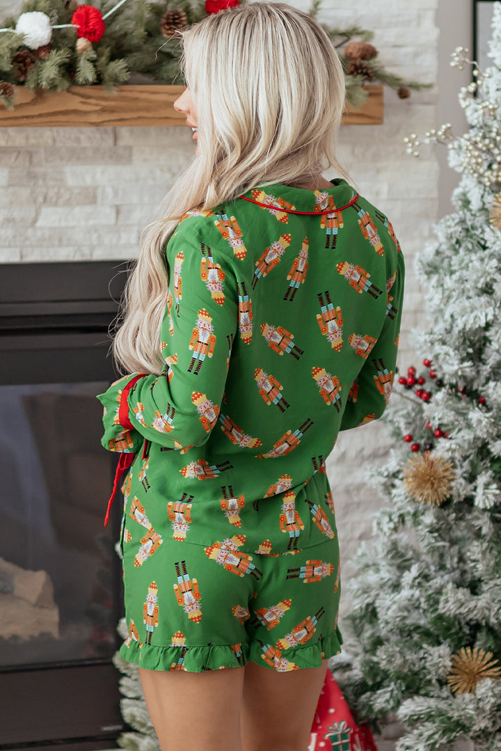 Green Christmas Candy Contrast Trim Bow Knot Silky 2pcs Pajama Set