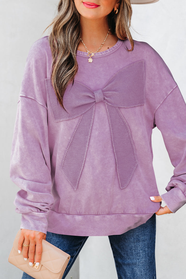 Mineral Wash Big Bow Patchwork Pullover Sweatshirt
