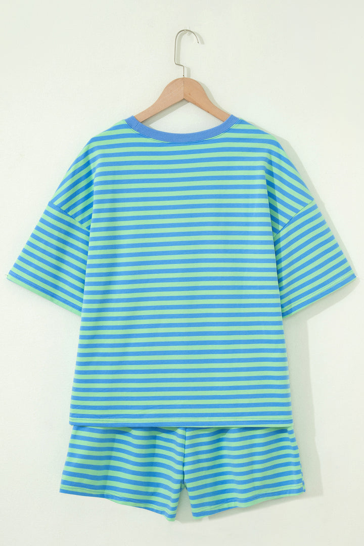 Green Stripe Striped Ribbed Cotton Two-Piece Pant Set with Chest Patch Detail