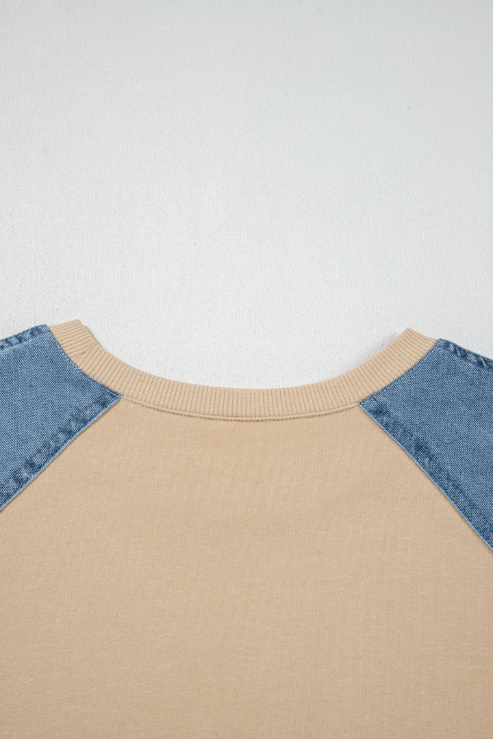 Parchment Denim Color Block Patchwork Round Neck Tee