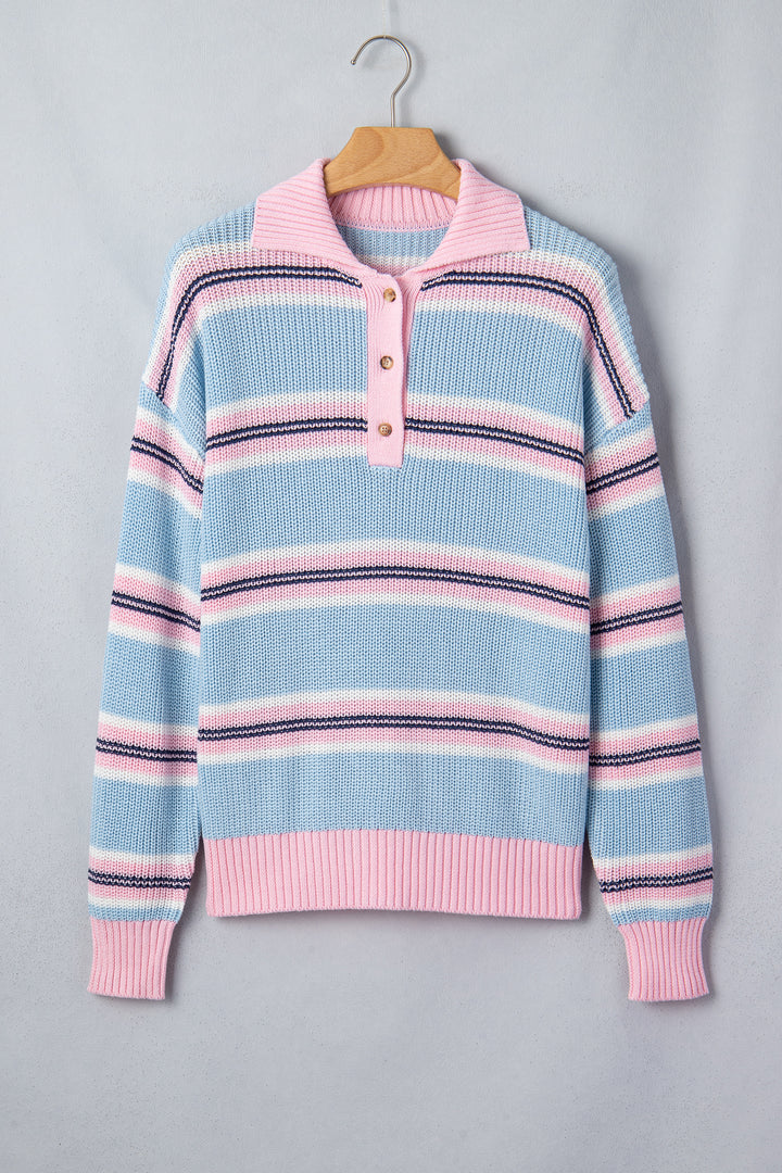 Sky Blue Stripe Button Collar Long Sleeve Shift Fit Winter Knitwear Sweater
