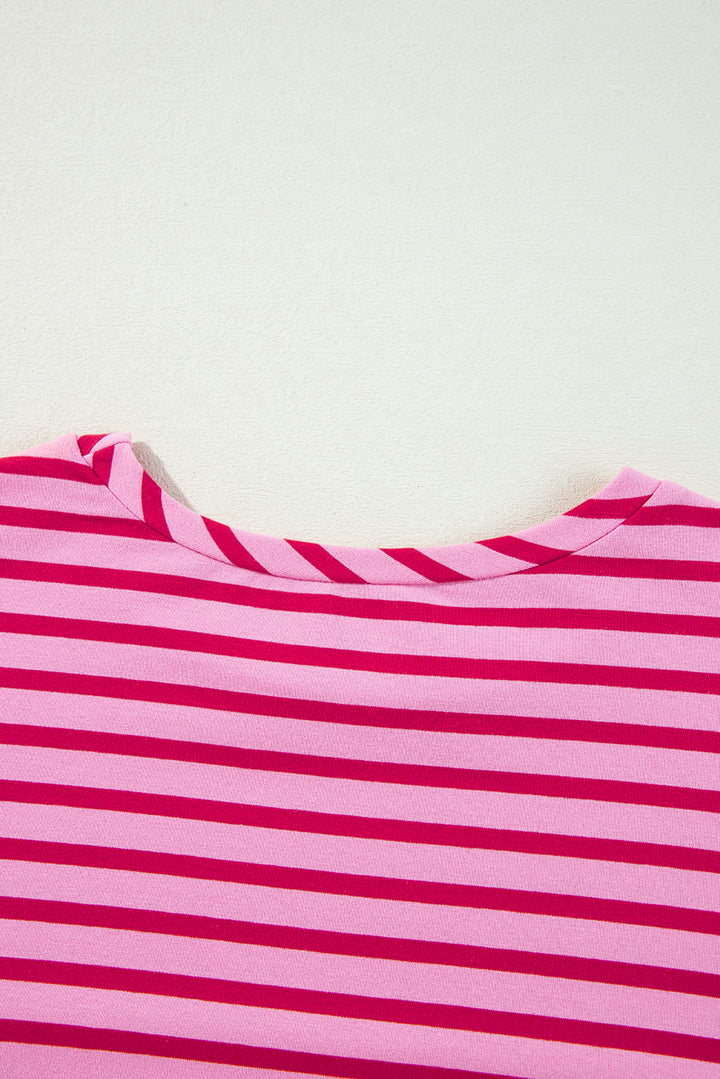 Sachet Pink Striped Print Crew Neck Drop Shoulder Sweatshirt