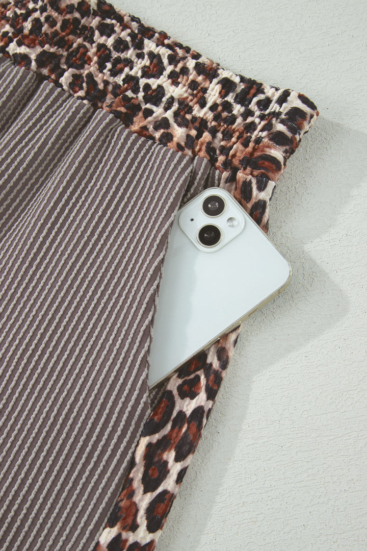 Light Grey Leopard Trim Twist Ribbed Short Set