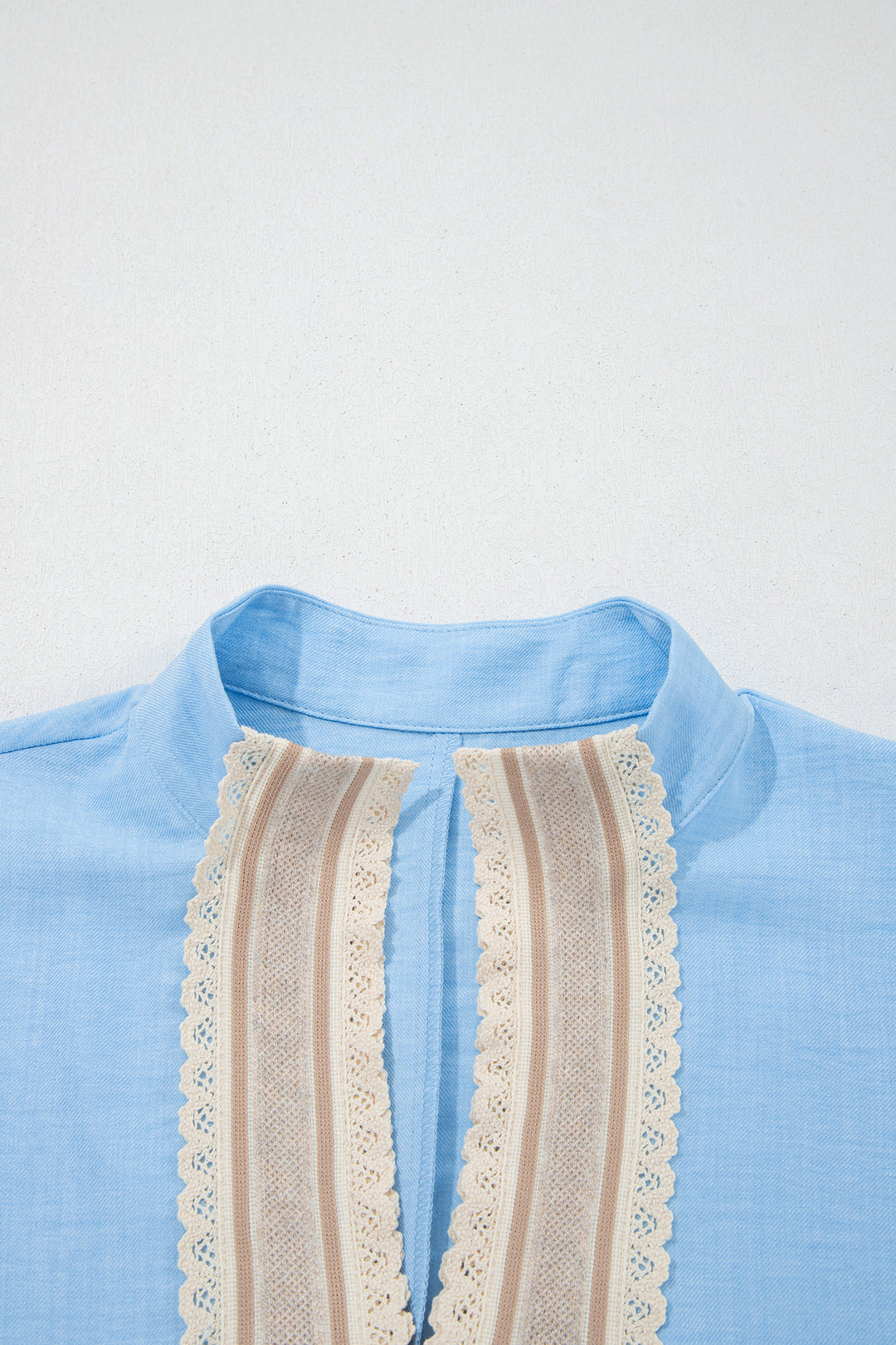 Beau Blue Crochet Lace Accent Pullover Rolled Short Sleeve Blouse
