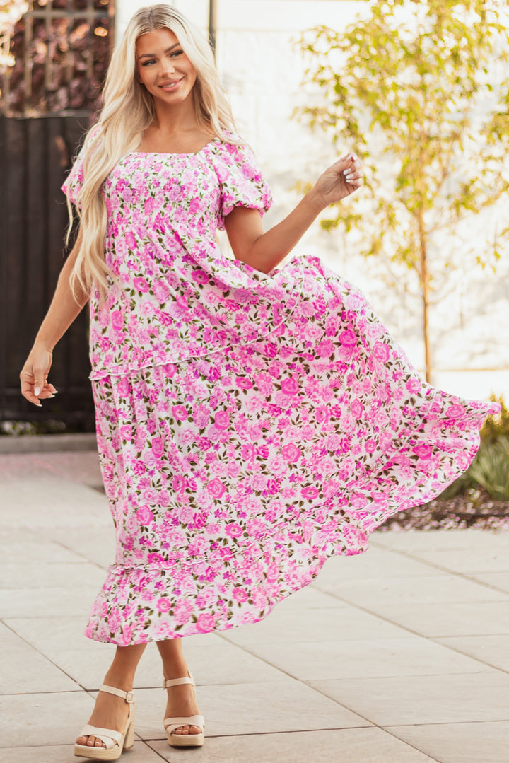 Dainty Floral Smocked Puff Sleeve Flowy Long Dress