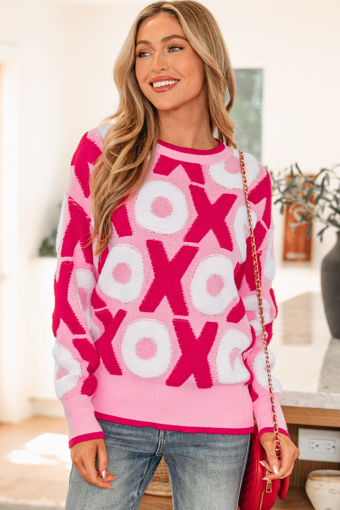 XOXO Pattern Drop Shoulder Crewneck Valentines Sweater