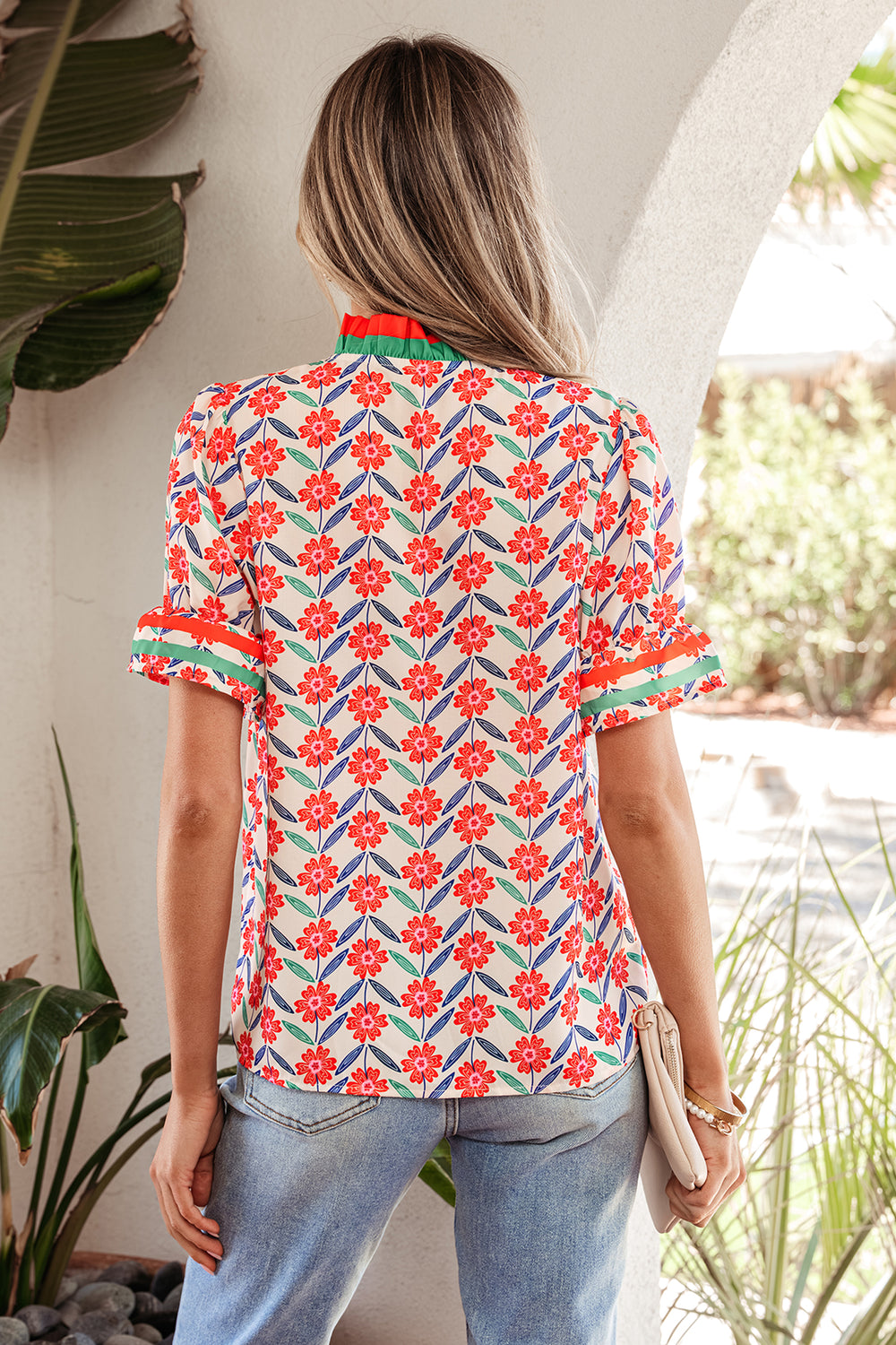 Floral Print Striped Detail V Neck Ruffled Short Sleeve Blouse
