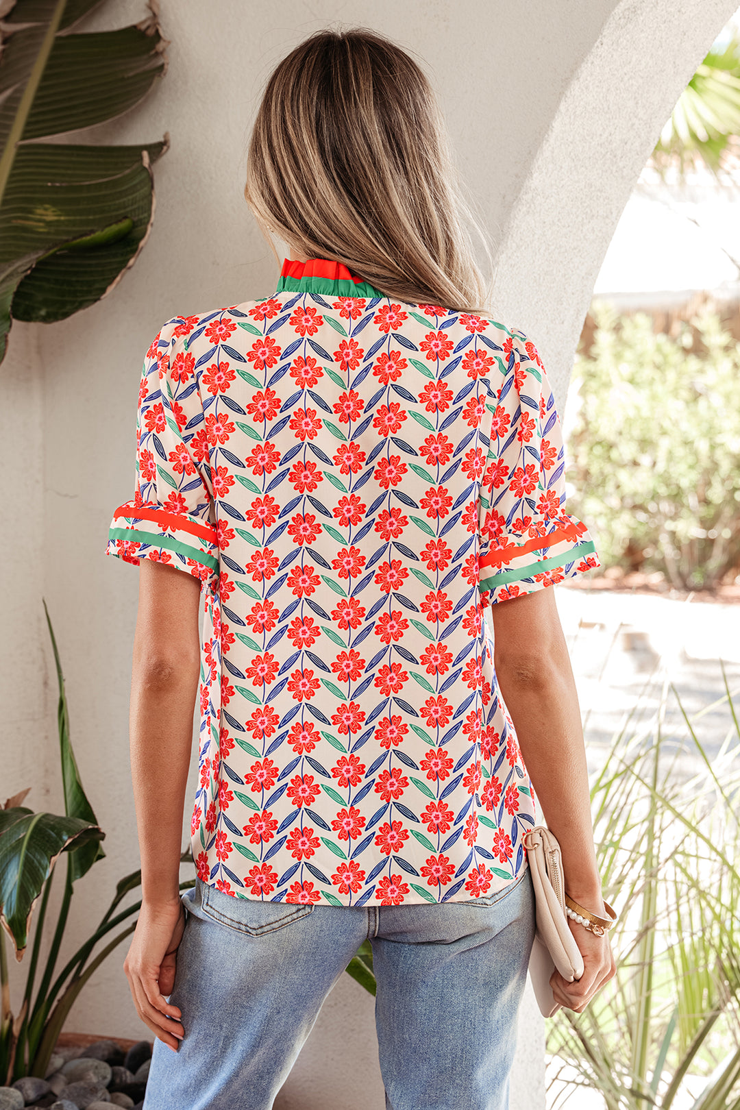 Floral Print Striped Detail V Neck Ruffled Short Sleeve Blouse
