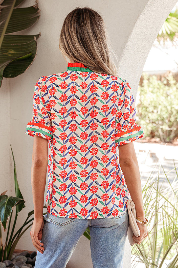 Floral Print Striped Detail V Neck Ruffled Short Sleeve Blouse
