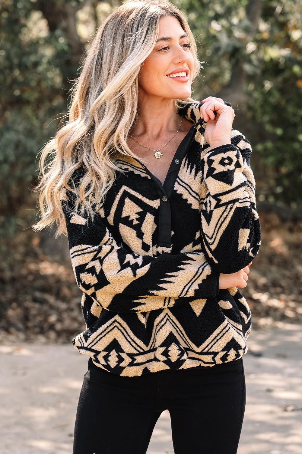 Western Aztec Half Placket Plush Sweatshirt