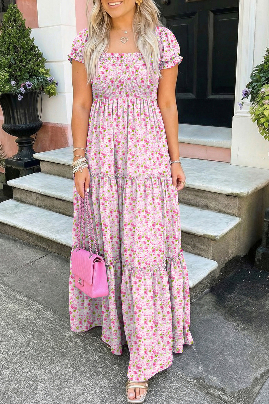 Pink Floral Short Shirred High Waist Maxi Dress