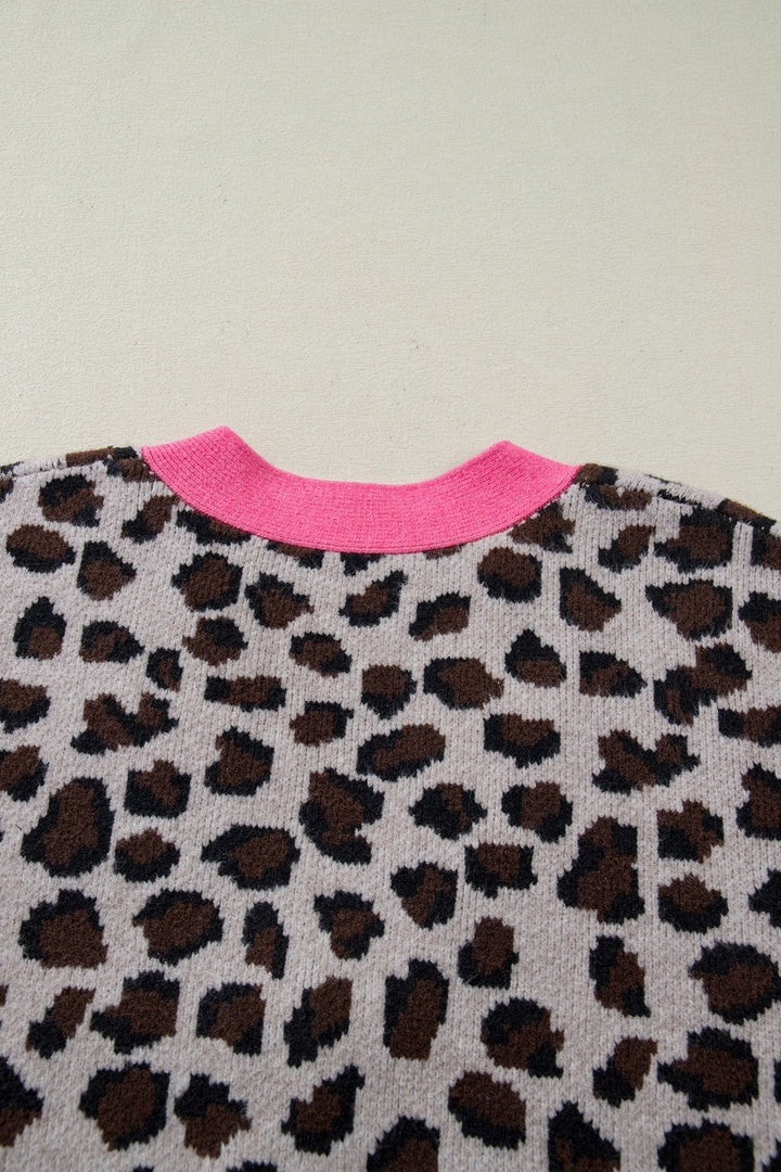 Khaki Oversize Color Block Trim Button Down Leopard Print Cardigan