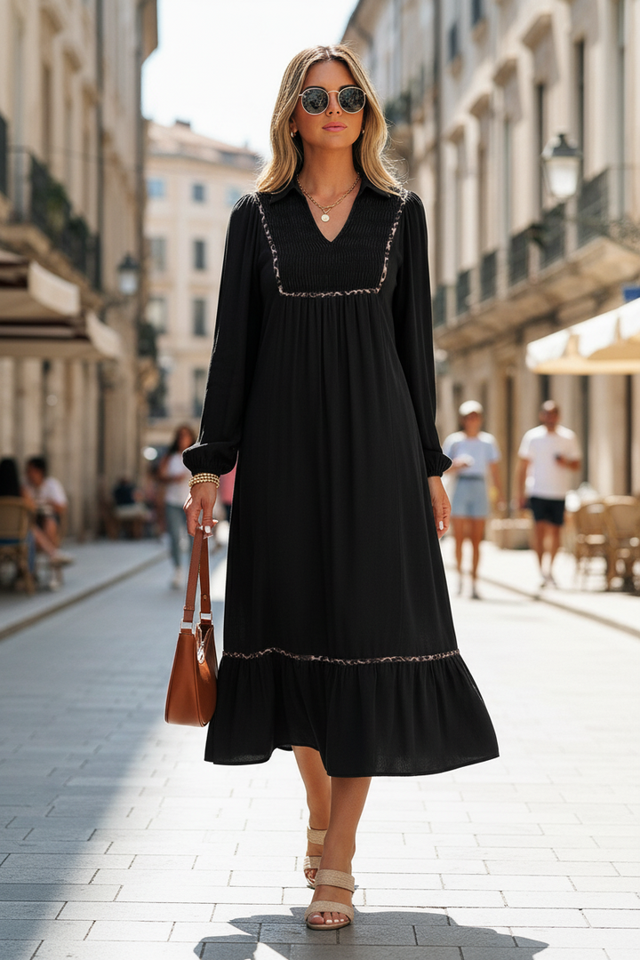 Black Contrast Leopard Trim Bracelet Sleeve Long Dress