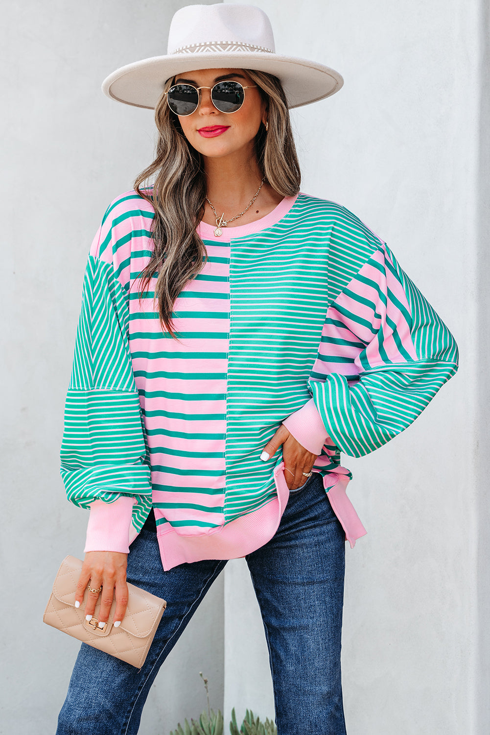 Mix Pattern Color Block Patchwork Side Slit Baggy Sweatshirt