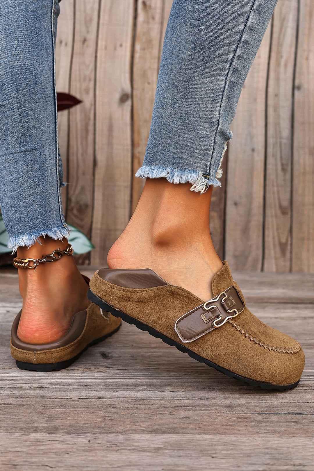 Faux Suede PU Leather Patchwork Retro Buckle Slip On Shoes