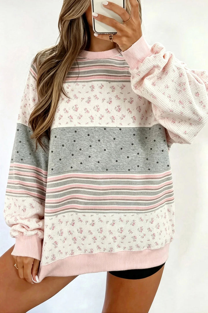 Pink Floral Mix Patchwork Tunic Pullover Sweatshirt