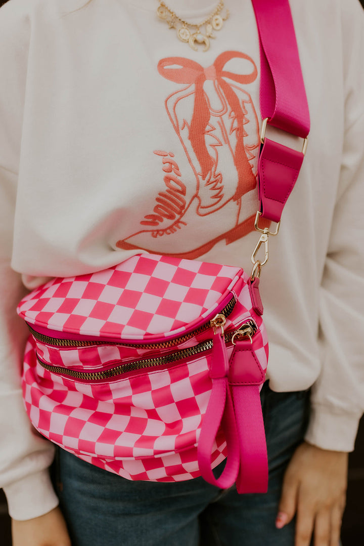 Checkered Print Wide Strap Large Crossbody Bag