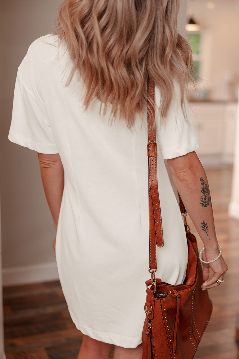 drop shoulder crew neck shift t shirt dress