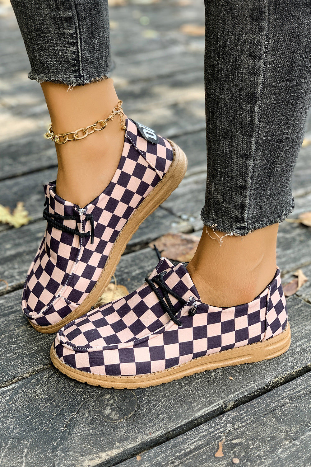 Checkered Print PU Leather Lace Up Detail Flat Shoes