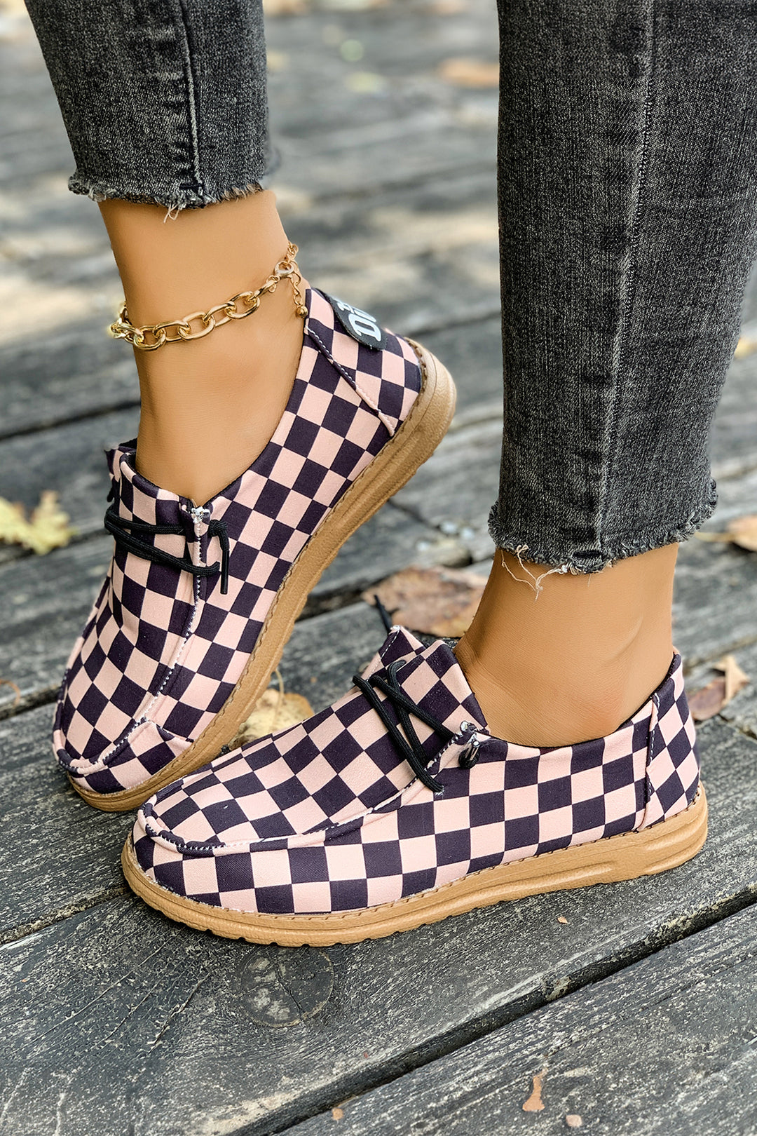 Checkered Print PU Leather Lace Up Detail Flat Shoes