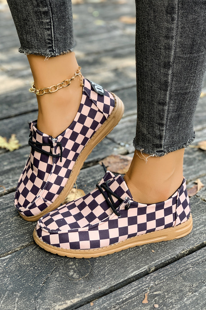 Checkered Print PU Leather Lace Up Detail Flat Shoes