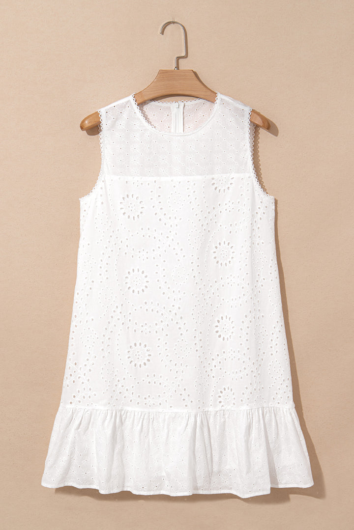 100%Cotton White Floral Eyelet Embroidered Sleeveless Shift Dress