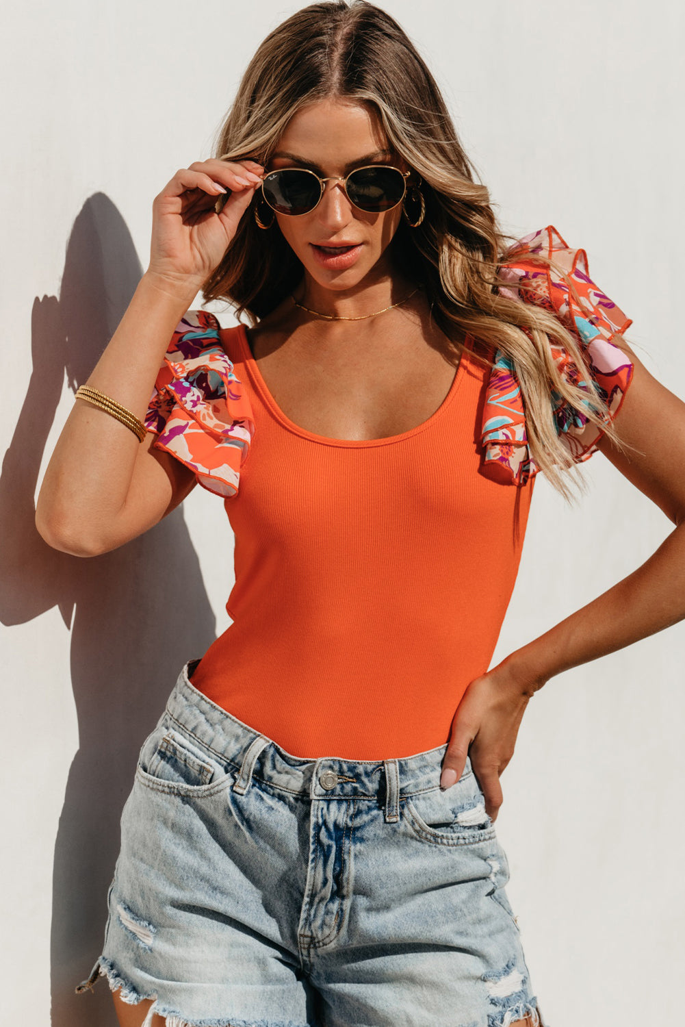 Ribbed Knit Tiered Ruffled Sleeve Bodysuit