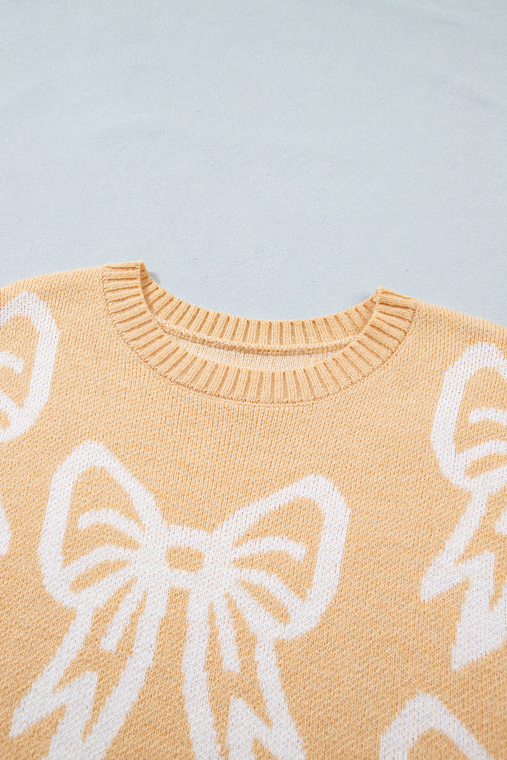 Golden Fleece Bow Pattern Drop Shoulder Loose Sweater