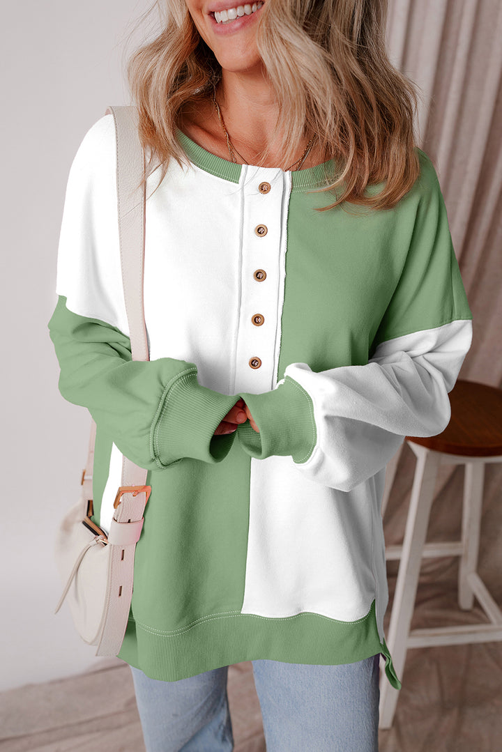 Colorblock Henley High Low Oversize Sweatshirt