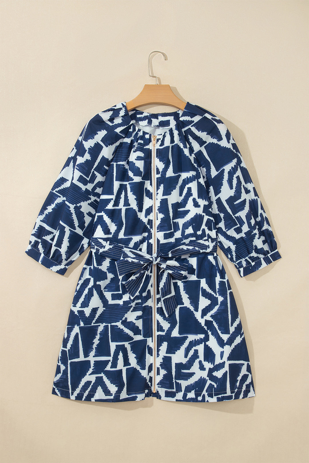 Blue Abstract Geometric Print Zip Front Shift Dress