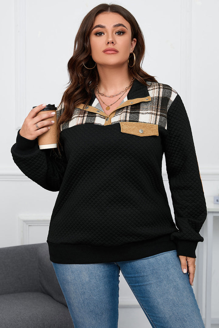 Plus Size Quilted Plaid Patch Henley Sweatshirt