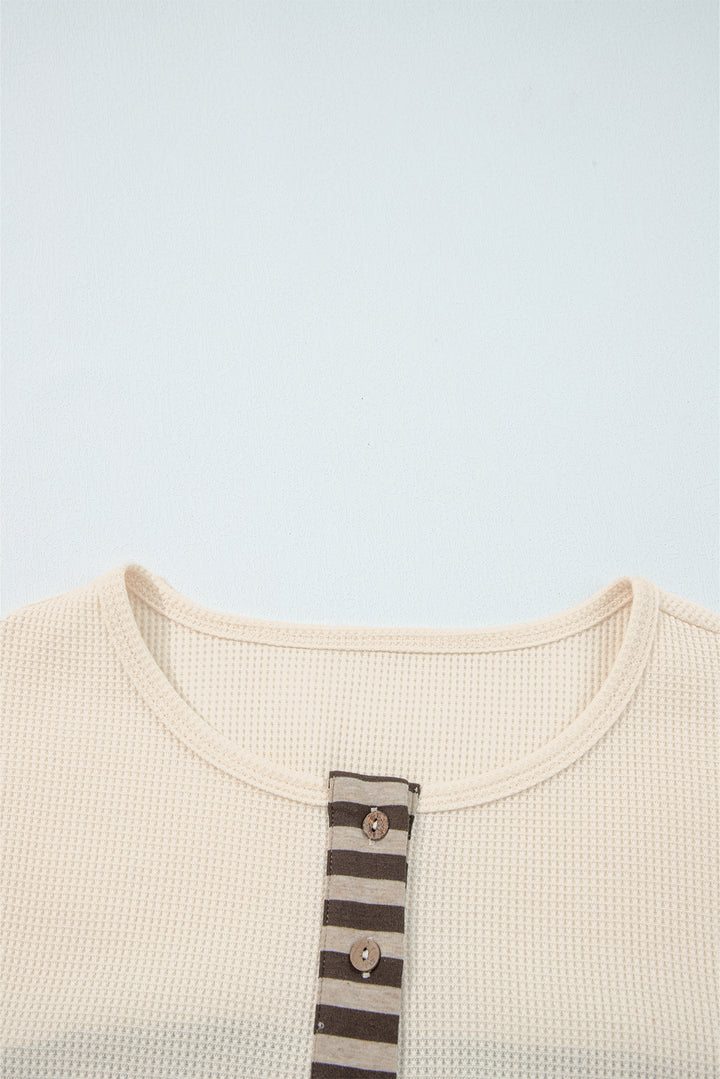 Waffle Stripe Plaid Patchwork Henley Knit Top