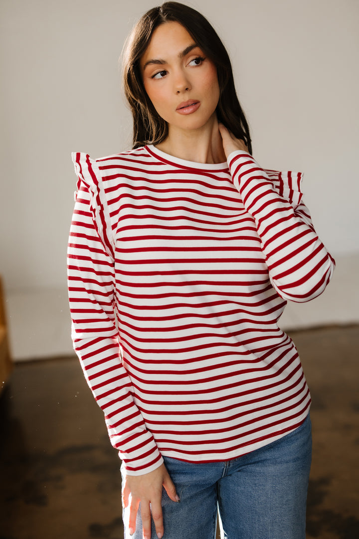 Round Neck Ruffle Trim Long Sleeve Top